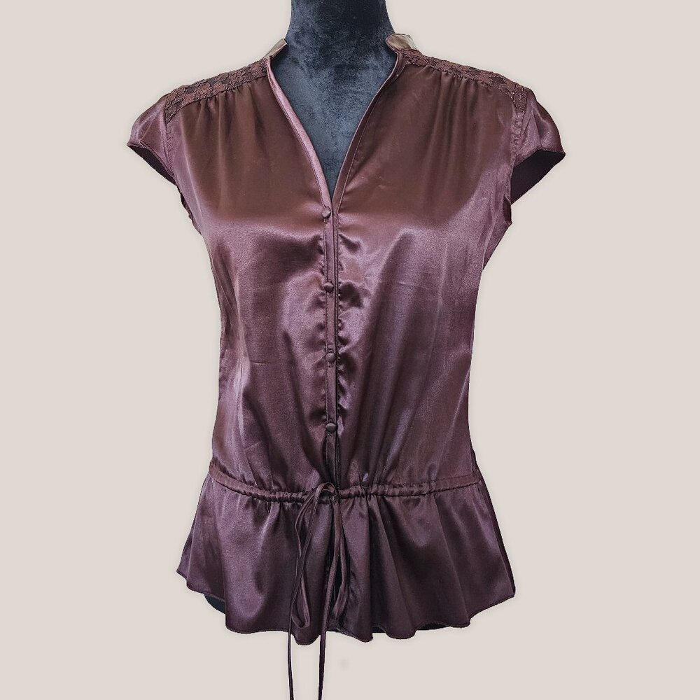 LOVE SQUARED Brown Satin Drawstring Button Blouse w/ Lace Detailing Top Shirt